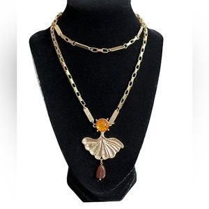 Free People Ginkgo Pendant Necklace Layered Amber Glass Cabochon & Agate Drop